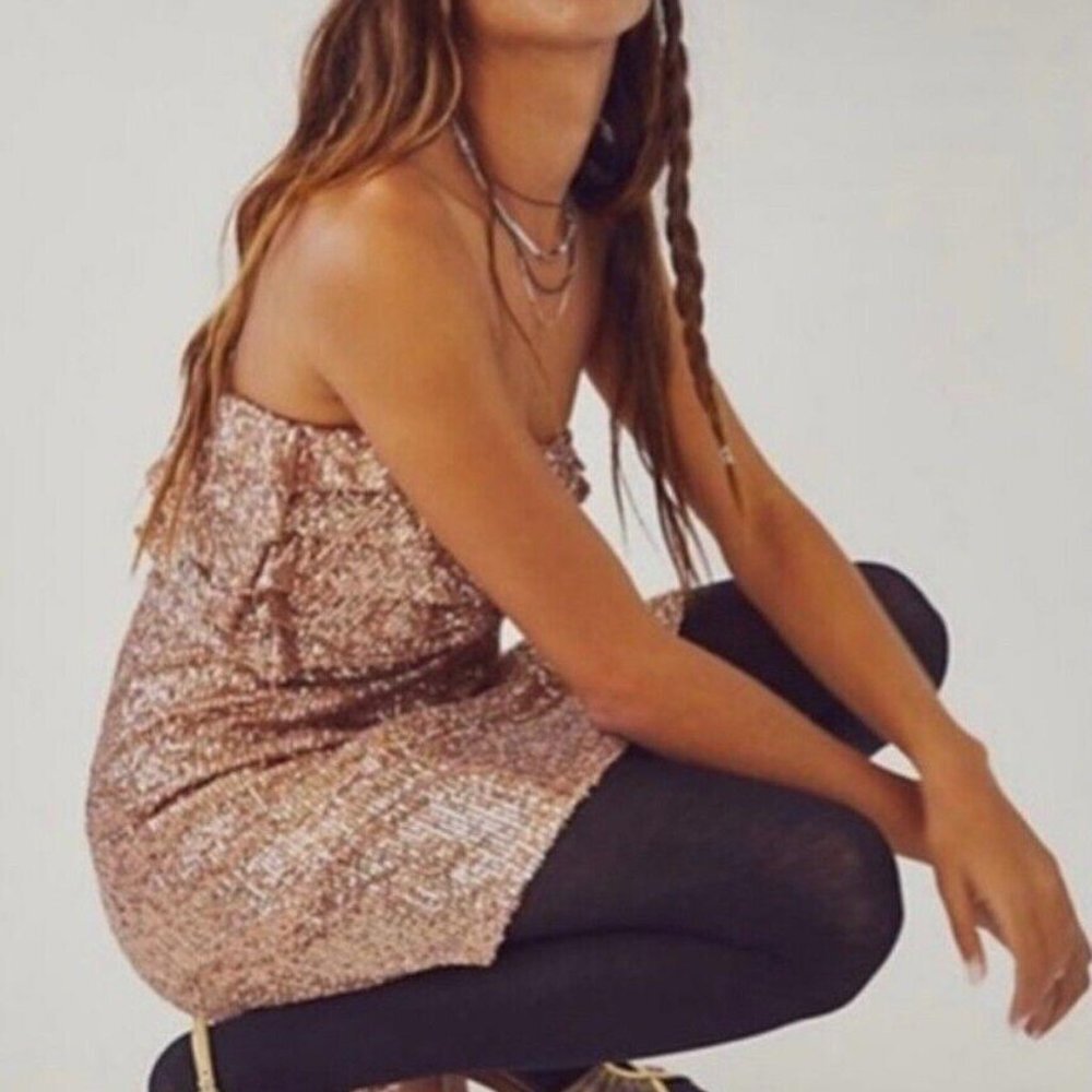 Free People Frida Ruffle Mini Dress Gold Strapless NWOT Size 2, - Picture 5 of 9